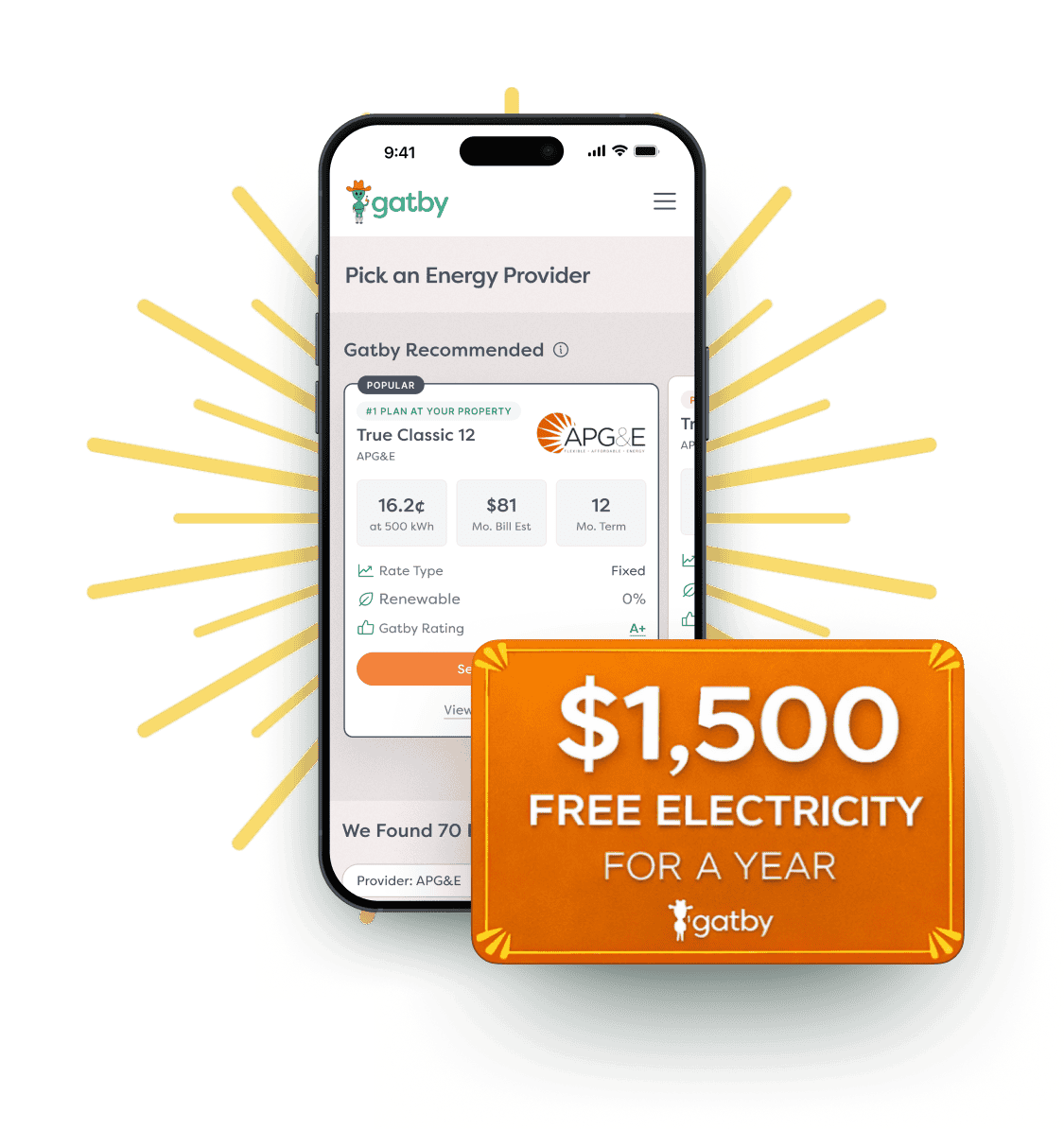 Gatby app showing $1,500 free electricity for a year